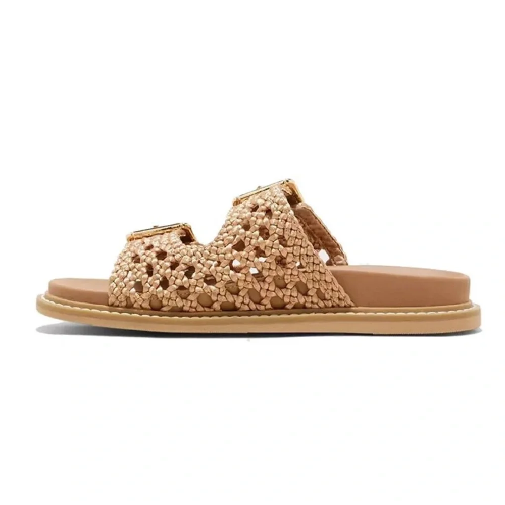 Tan Woven Slide Sandals Universal Thread Kylie 8.5 8 1/2 Two Band Shoes Spring - Picture 3 of 9